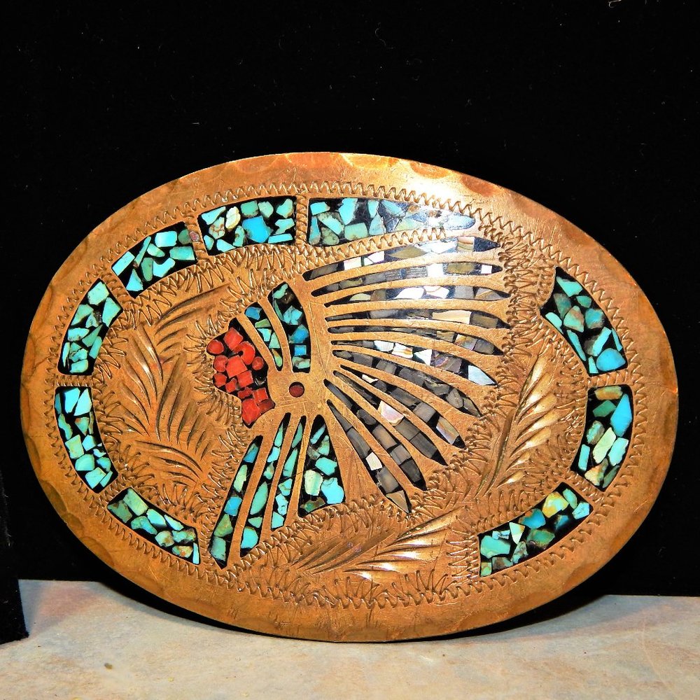 Artisan Crafted Turquoise & Coral Chip Inlay Native Chief Belt Buckle - Picture 1 of 9